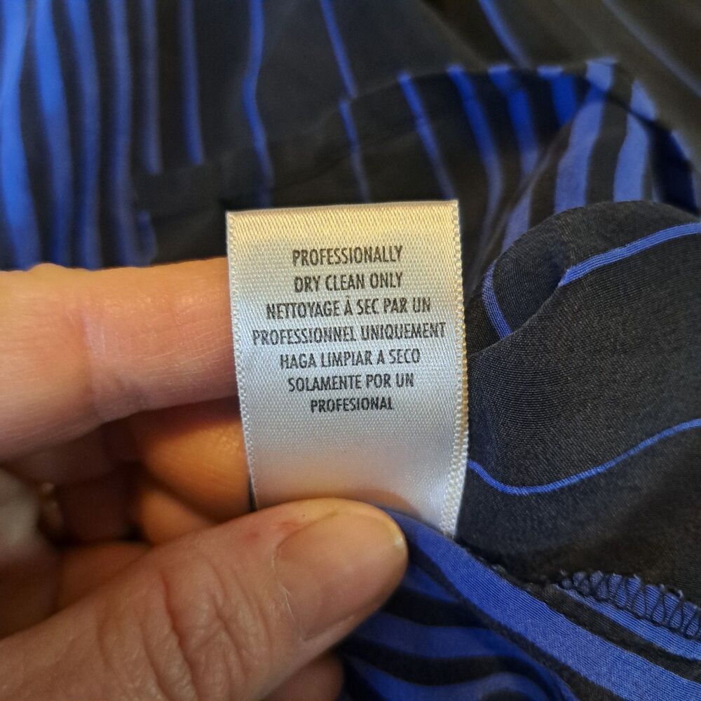 Casual Corner Vtg Women's 100% Silk Blue Black Striped Button-Down Shirt Size 14 - Picture 8 of 10